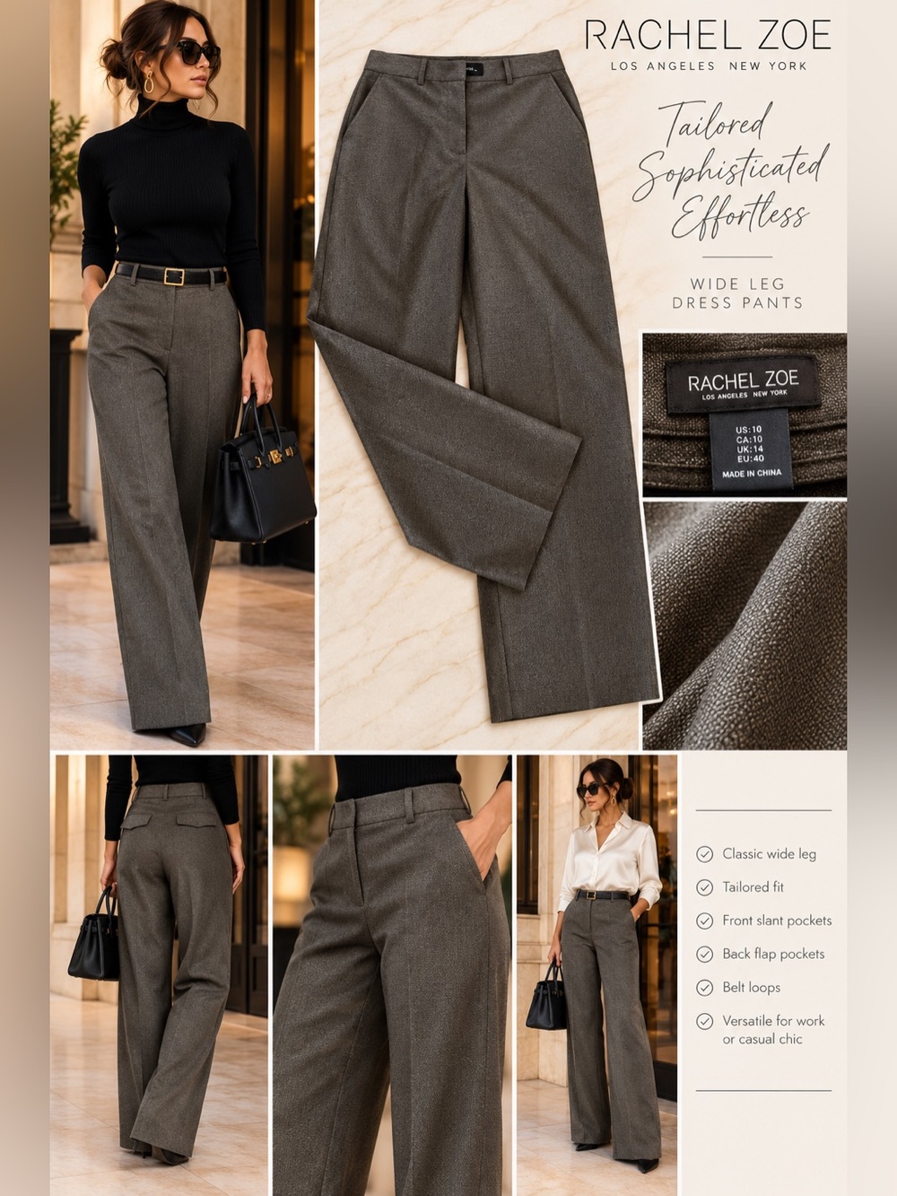 3388 Rachel Zoe Olive Gray Wide Leg Dress Pants